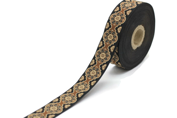 25 mm Brown Floral ribbon, Jacquard ribbon, 0.98 inches, Decorative ribbon, Craft Ribbon, Jacquard trim, costume ribbon, sewing trim, 25707