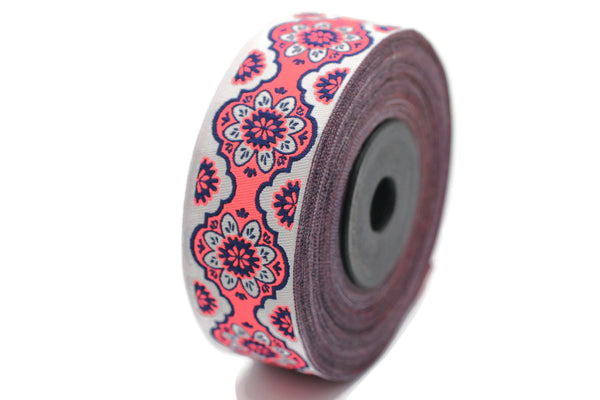 25 mm Neon Pink Floral ribbon, Jacquard ribbon, 0.98inch, Decorative ribbon, Craft Ribbon, Jacquard trim, costume ribbon, sewing trim, 25707