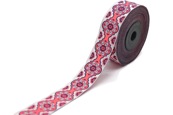 25 mm Neon Pink Floral ribbon, Jacquard ribbon, 0.98inch, Decorative ribbon, Craft Ribbon, Jacquard trim, costume ribbon, sewing trim, 25707
