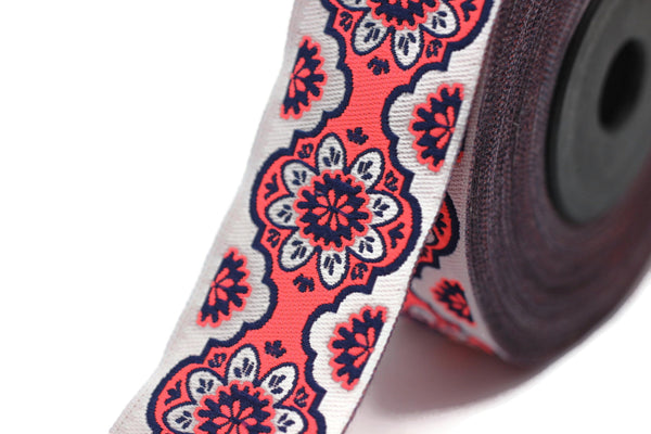 25 mm Neon Pink Floral ribbon, Jacquard ribbon, 0.98inch, Decorative ribbon, Craft Ribbon, Jacquard trim, costume ribbon, sewing trim, 25707
