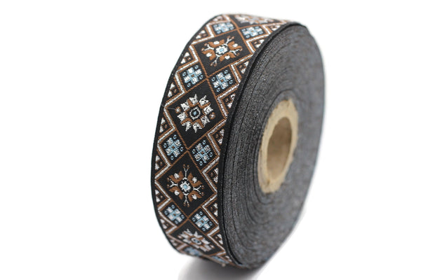 25 mm Blue/Brown Geometric Ribbon (0.98 inches), Geometric trim, jacquard trim, craft supplies, vintage trim, jacquard ribbon, 25975