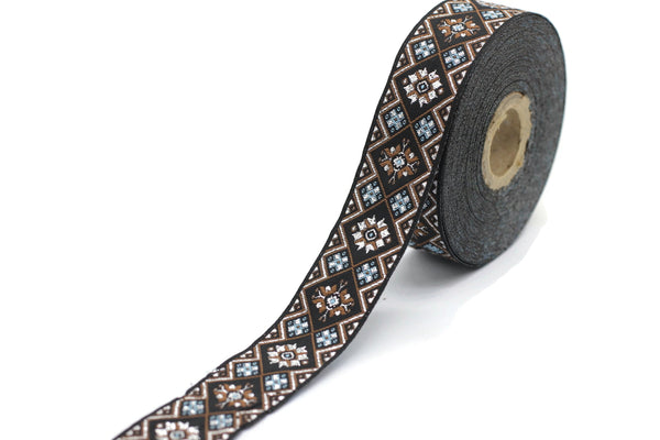 25 mm Blue/Brown Geometric Ribbon (0.98 inches), Geometric trim, jacquard trim, craft supplies, vintage trim, jacquard ribbon, 25975