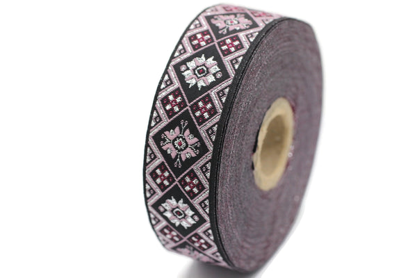 25 mm Black/Poudre Geometric Ribbon (0.98 inches), Geometric trim, jacquard trim, craft supplies, vintage trim, jacquard ribbon, 25975
