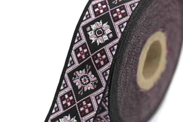 25 mm Black/Poudre Geometric Ribbon (0.98 inches), Geometric trim, jacquard trim, craft supplies, vintage trim, jacquard ribbon, 25975