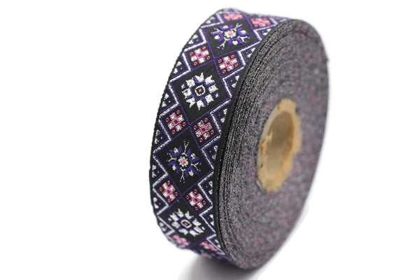 25 mm Purple Geometric Ribbon (0.98 inches), Geometric trim, jacquard trim, craft supplies, vintage trim, jacquard ribbon, 25975