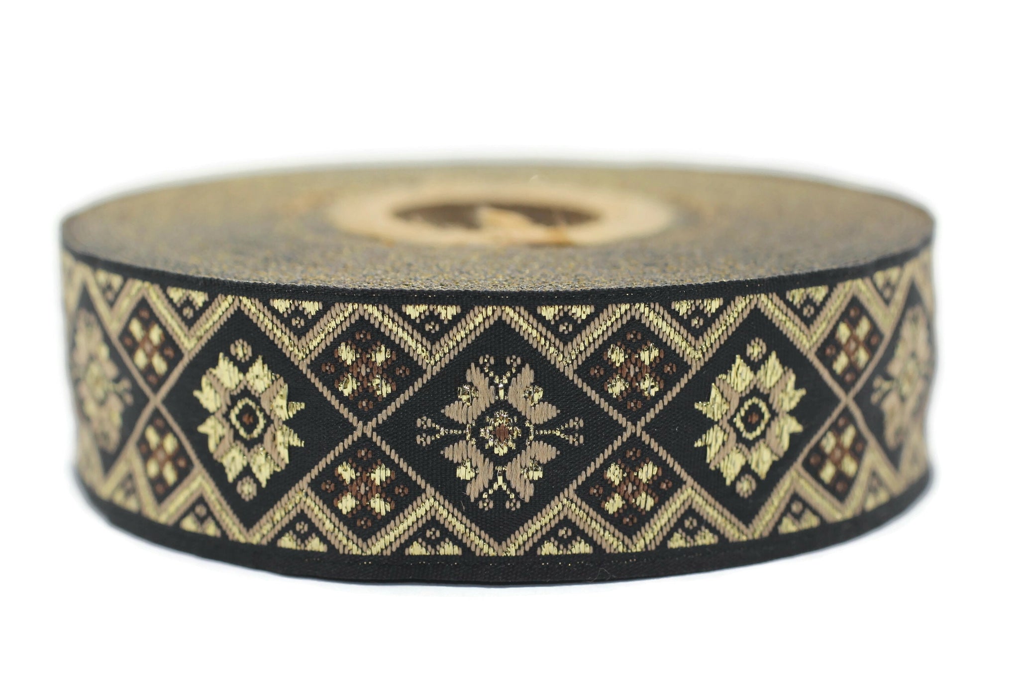 25 mm Golden Geometric Ribbon (0.98 inches), Geometric trim, jacquard trim, craft supplies, vintage trim, jacquard ribbon, 25975