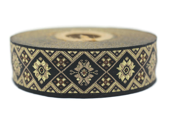 25 mm Golden Geometric Ribbon (0.98 inches), Geometric trim, jacquard trim, craft supplies, vintage trim, jacquard ribbon, 25975