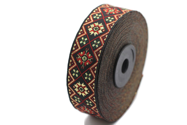 25 mm Red/Green Geometric Ribbon (0.98 inches), Geometric trim, jacquard trim, craft supplies, vintage trim, jacquard ribbon, 25975