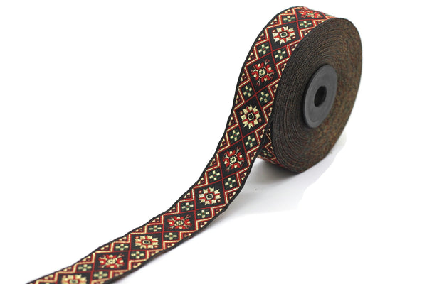 25 mm Red/Green Geometric Ribbon (0.98 inches), Geometric trim, jacquard trim, craft supplies, vintage trim, jacquard ribbon, 25975