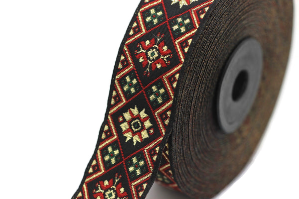 25 mm Red/Green Geometric Ribbon (0.98 inches), Geometric trim, jacquard trim, craft supplies, vintage trim, jacquard ribbon, 25975