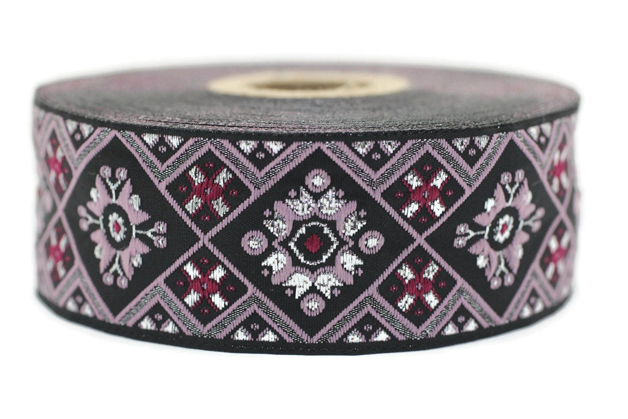 35 mm Black/Poudre Geometric Ribbon, (1.37 inches), Geometric trim, jacquard trim, craft supplies, vintage trim, Jacquard ribbon, 35975