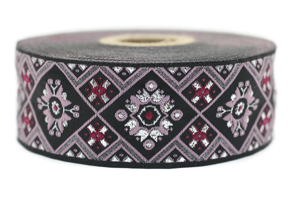 35 mm Black/Poudre Geometric Ribbon, (1.37 inches), Geometric trim, jacquard trim, craft supplies, vintage trim, Jacquard ribbon, 35975