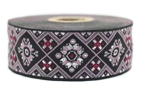 35 mm Black/Poudre Geometric Ribbon, (1.37 inches), Geometric trim, jacquard trim, craft supplies, vintage trim, Jacquard ribbon, 35975