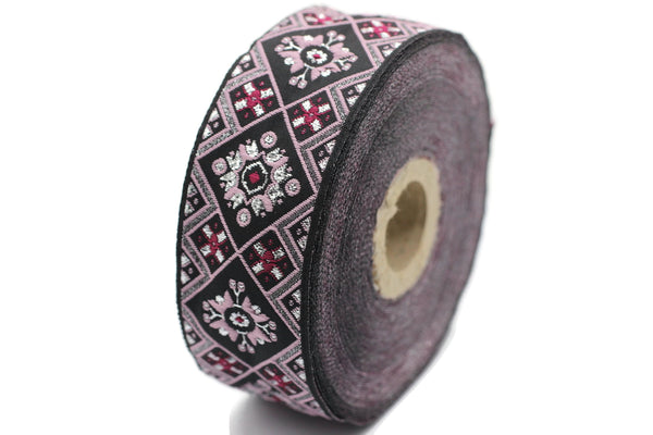 35 mm Black/Poudre Geometric Ribbon, (1.37 inches), Geometric trim, jacquard trim, craft supplies, vintage trim, Jacquard ribbon, 35975