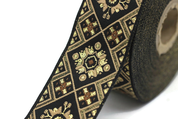 35 mm Golden Geometric Ribbon, (1.37 inches, Geometric trim, jacquard trim, craft trim by the yards, vintage trim, Jacquard ribbon, 35975