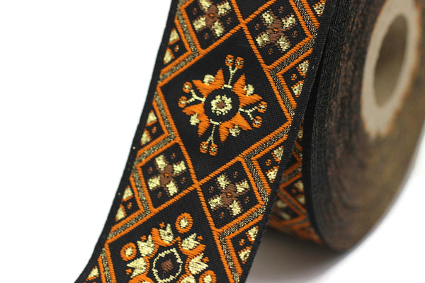 35 mm Orange Geometric Ribbon, (1.37 inch, Geometric trim, jacquard trim, craft supplies, vintage trim, jacquard ribbon, sewing trim, 35975
