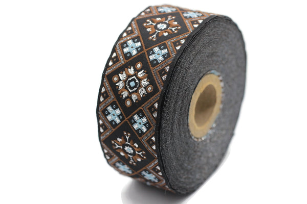 35 mm Blue/Brown Geometric Ribbon, (1.37 inches), Geometric trim, jacquard trim, craft supplies, vintage trim, Brocade Ribbon, 35975