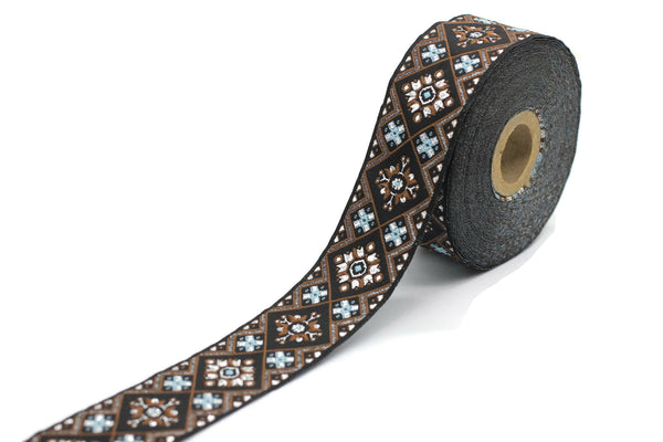 35 mm Blue/Brown Geometric Ribbon, (1.37 inches), Geometric trim, jacquard trim, craft supplies, vintage trim, Brocade Ribbon, 35975