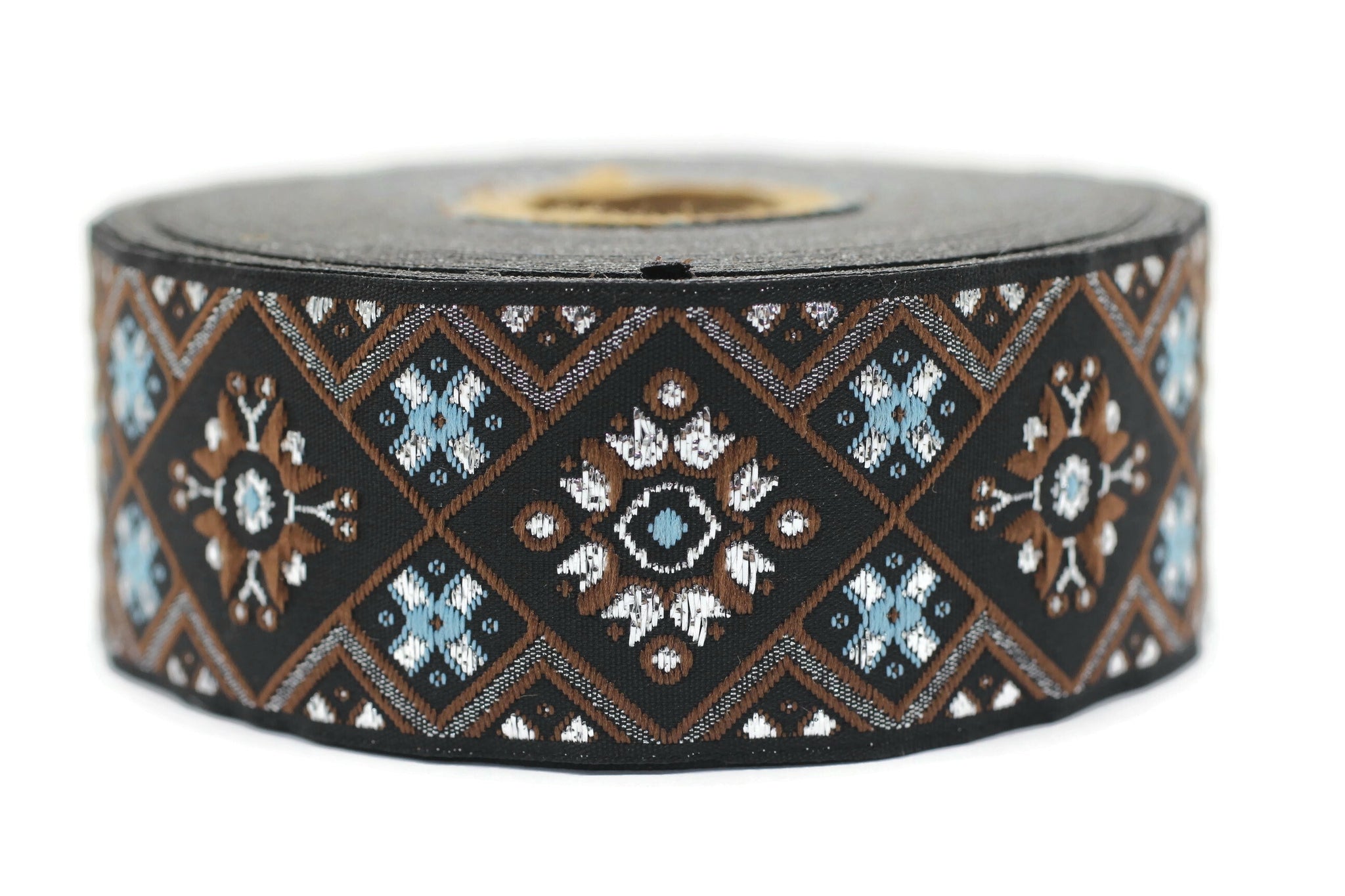 35 mm Blue/Brown Geometric Ribbon, (1.37 inches), Geometric trim, jacquard trim, craft supplies, vintage trim, Brocade Ribbon, 35975