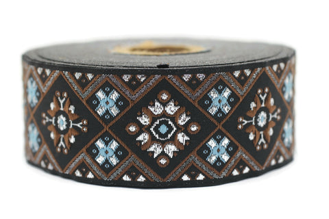 35 mm Blue/Brown Geometric Ribbon, (1.37 inches), Geometric trim, jacquard trim, craft supplies, vintage trim, Brocade Ribbon, 35975