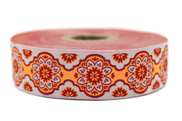 25 mm Orange Floral ribbon, Jacquard ribbon, 0.98 inches, Decorative ribbon, Craft Ribbon, Jacquard trim, costume ribbon, sewing trim, 25707