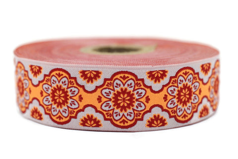 25 mm Orange Floral ribbon, Jacquard ribbon, 0.98 inches, Decorative ribbon, Craft Ribbon, Jacquard trim, costume ribbon, sewing trim, 25707