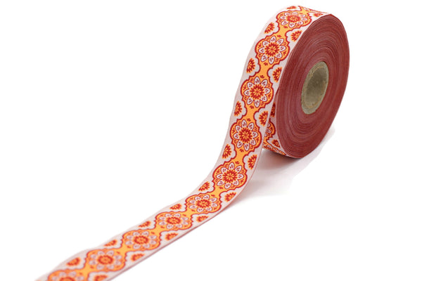 25 mm Orange Floral ribbon, Jacquard ribbon, 0.98 inches, Decorative ribbon, Craft Ribbon, Jacquard trim, costume ribbon, sewing trim, 25707