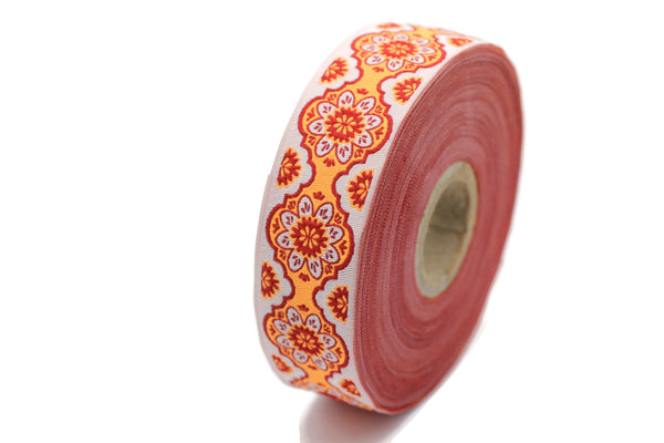 25 mm Orange Floral ribbon, Jacquard ribbon, 0.98 inches, Decorative ribbon, Craft Ribbon, Jacquard trim, costume ribbon, sewing trim, 25707