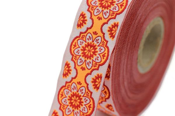 25 mm Orange Floral ribbon, Jacquard ribbon, 0.98 inches, Decorative ribbon, Craft Ribbon, Jacquard trim, costume ribbon, sewing trim, 25707