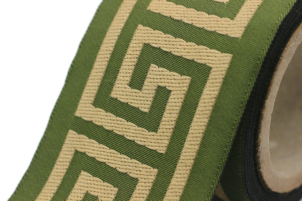 68 mm Green Elegant Greek Key Ribbon Trim (2.67 inch), Jacquard Trims for your Drapes, Curtains, Drapery Banding, Drapery Trim Tape 176 V13