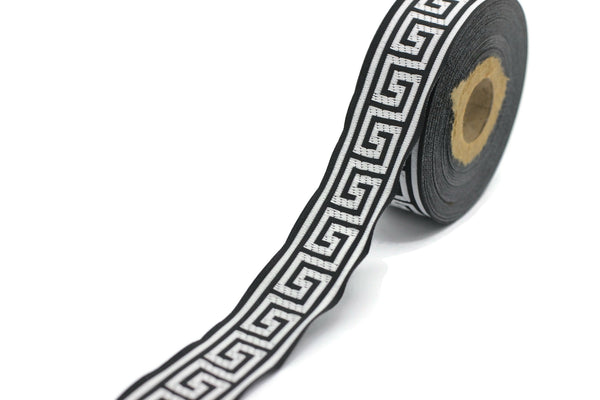 22 mm Silver&Black Jacquard ribbons 0.86 inches, Greek Key Jacquard trim, Sewing Trims, woven ribbons, collars supply, 22062