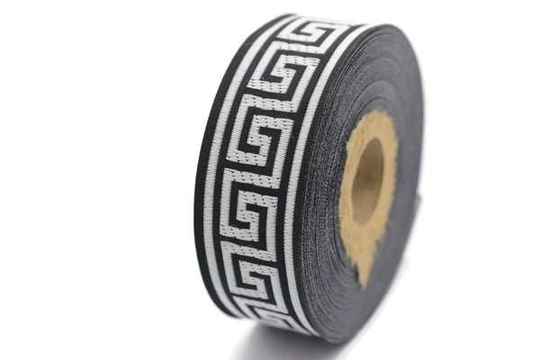 22 mm Silver&Black Jacquard ribbons 0.86 inches, Greek Key Jacquard trim, Sewing Trims, woven ribbons, collars supply, 22062