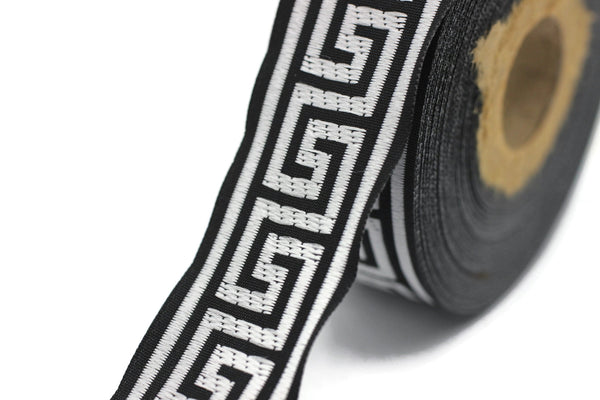 22 mm Silver&Black Jacquard ribbons 0.86 inches, Greek Key Jacquard trim, Sewing Trims, woven ribbons, collars supply, 22062