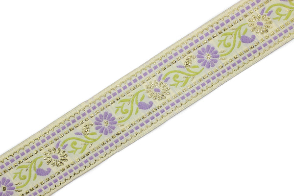 35 mm White & Lilac Floral Jacquard ribbon (1.37 inches), Jacquard trim, Sewing Trim, Collar Trim, Ribbon by the yards, Vintage ribbon 35095