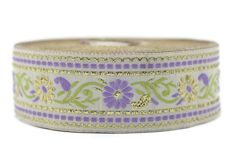 35 mm White & Lilac Floral Jacquard ribbon (1.37 inches), Jacquard trim, Sewing Trim, Collar Trim, Ribbon by the yards, Vintage ribbon 35095