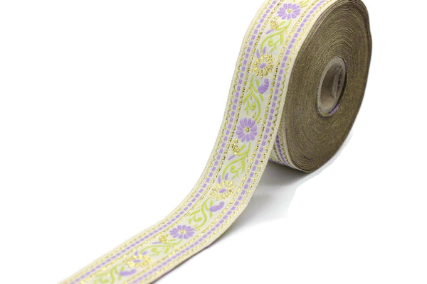 35 mm White & Lilac Floral Jacquard ribbon (1.37 inches), Jacquard trim, Sewing Trim, Collar Trim, Ribbon by the yards, Vintage ribbon 35095