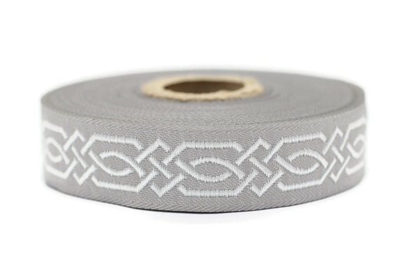 20 mm White-Gray Celtic Claddagh 0.78 (inch) | Celtic Ribbon | Embroidered Woven Ribbon | Jacquard Ribbon | 20 mm Wide | 20272
