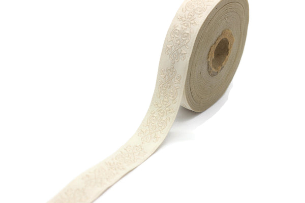 20mm Beige Victorian Jade Jacquard Ribbon 0.78 (inch) | Embroidered Bordure | Fabric Tapestry for Embellishment Craft Home Decor | 20271