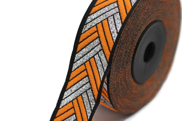 22 mm Orange Metallic Ribbon, 0.86 inches, jacquard ribbon, craft supplies, vintage trim, sewing supplies, ribbons, jacquard trim, 22133