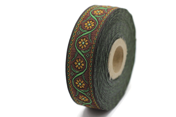 22 mm Brown Floral Embroidered ribbon (0.86 inches), Vintage Jacquard, Floral ribbon, Floral trim, woven jacquard, jacquard ribbons, 22938