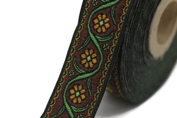 22 mm Brown Floral Embroidered ribbon (0.86 inches), Vintage Jacquard, Floral ribbon, Floral trim, woven jacquard, jacquard ribbons, 22938