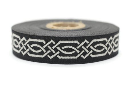 20 mm Silver Black Celtic Claddagh 0.78 (inch) | Celtic Ribbon | Embroidered Woven Ribbon | Jacquard Ribbon | 20 mm Wide | 20272