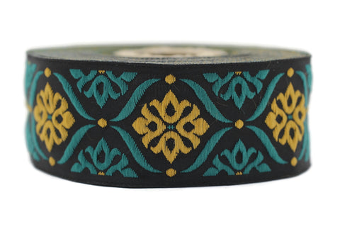 35 mm Green/Light Orange Mediterranean Ribbon (1.37 inches), Jacquard ribbon, jacquard trim, fabric wide trims, craft supplies, trim, 35973