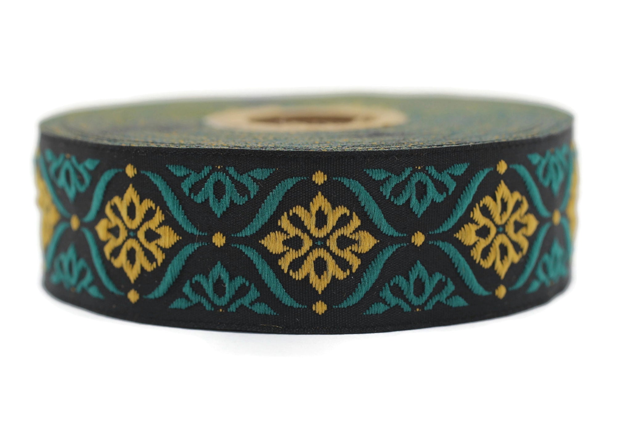 25 mm Green/Light Orange Mediterranean Ribbon (0.98 inches), Jacquard ribbons, jacquard trim, fabric wide trims, craft supplies, trim, 25973