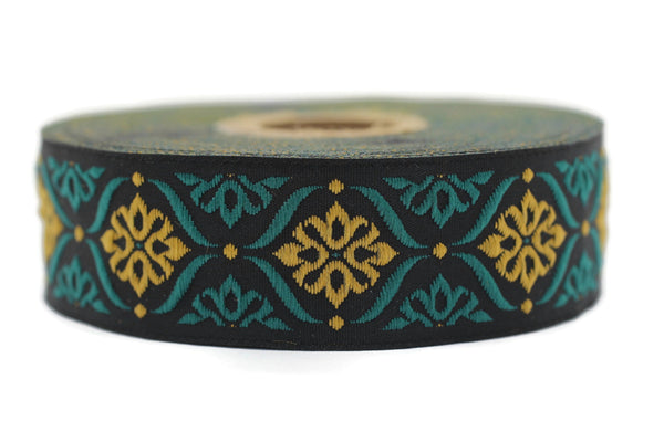 25 mm Green/Light Orange Mediterranean Ribbon (0.98 inches), Jacquard ribbons, jacquard trim, fabric wide trims, craft supplies, trim, 25973