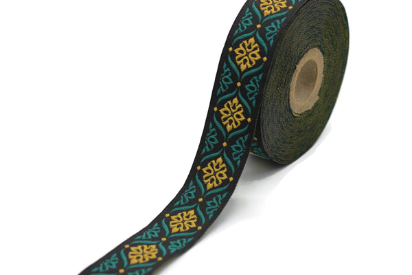 25 mm Green/Light Orange Mediterranean Ribbon (0.98 inches), Jacquard ribbons, jacquard trim, fabric wide trims, craft supplies, trim, 25973