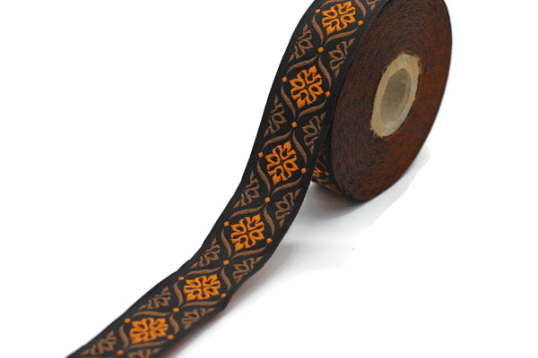 25 mm Brown/Orange Mediterranean Ribbon (0.98 inch), Jacquard ribbons, jacquard trim, fabric wide trims, craft supplies, vintage trim, 25973