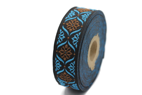 25 mm Brown/Blue Mediterranean Ribbon (0.98 inches), Jacquard ribbons, jacquard trim, fabric wide trims, craft supplies, trim, 25973
