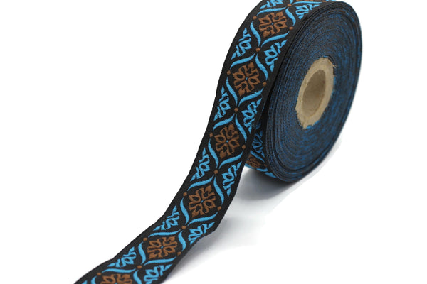 25 mm Brown/Blue Mediterranean Ribbon (0.98 inches), Jacquard ribbons, jacquard trim, fabric wide trims, craft supplies, trim, 25973