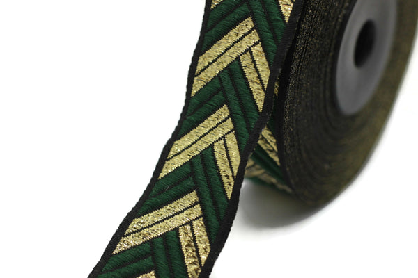 22 mm Green Metallic Ribbon, 0.86 inches, jacquard ribbon, craft supplies, vintage trim, sewing supplies, ribbons, jacquard trim, 22133